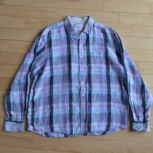 Tommy Bahama Men's Madras Plaid Linen Long Sleeve Button Down Shirt L